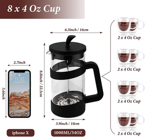 Large Travel, 34 oz Portable Coffee Maker, Cold Heat Press Coffee Tea Brewer 1000ML
