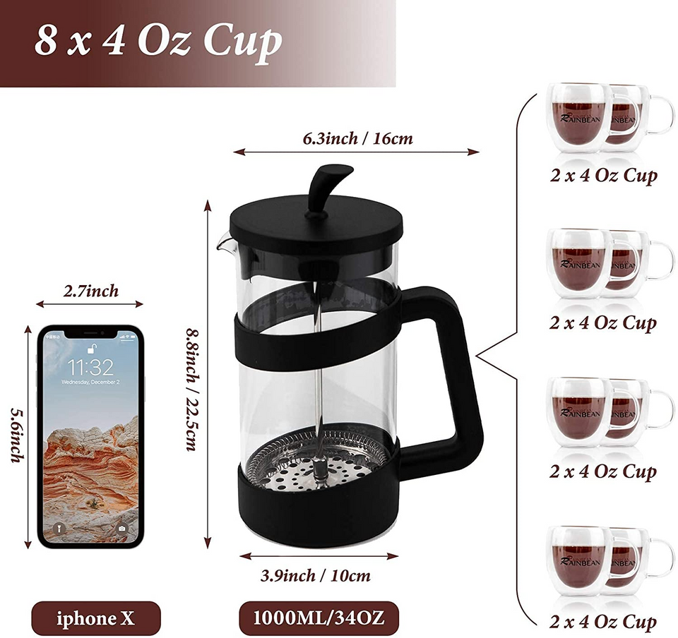Large Travel, 34 oz Portable Coffee Maker, Cold Heat Press Coffee Tea Brewer 1000ML